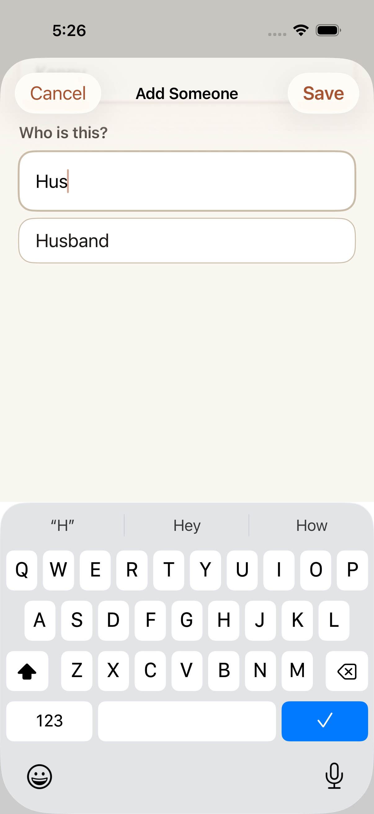 The “Who is this?” step in Our People, with a name field showing “Hus” and a “Husband” suggestion below it.