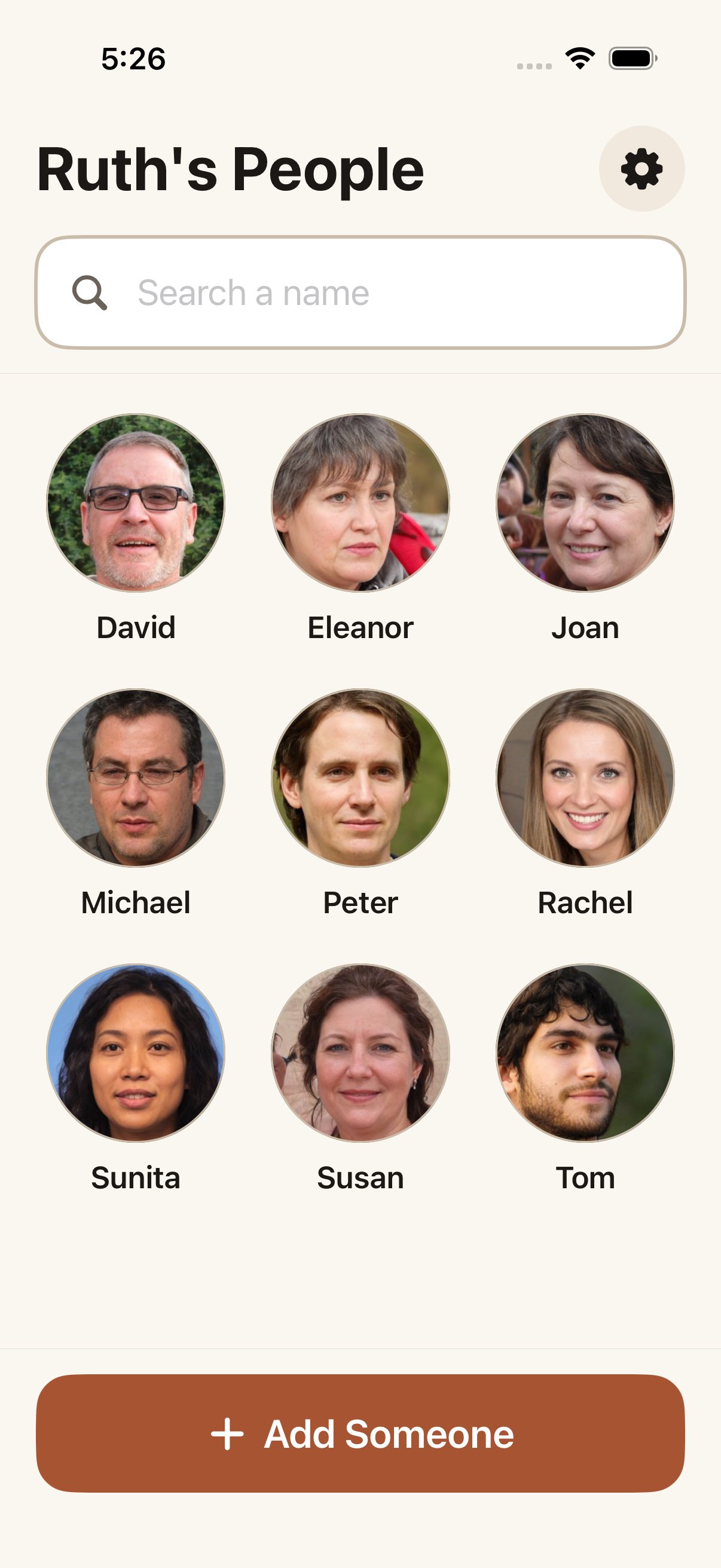 Our People's Browse screen, showing a search field and a grid of large photos of faces with names underneath.