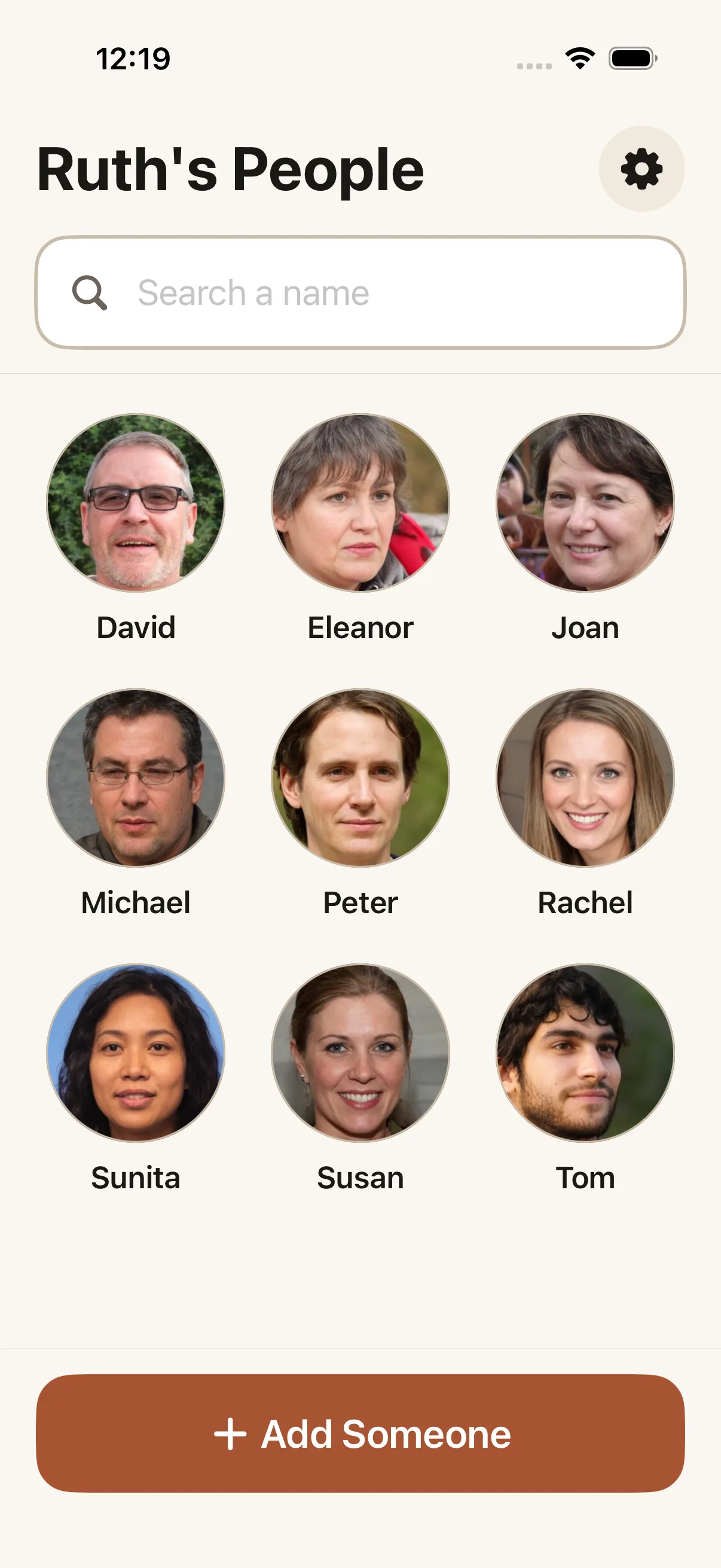 The home screen: a grid of faces with names