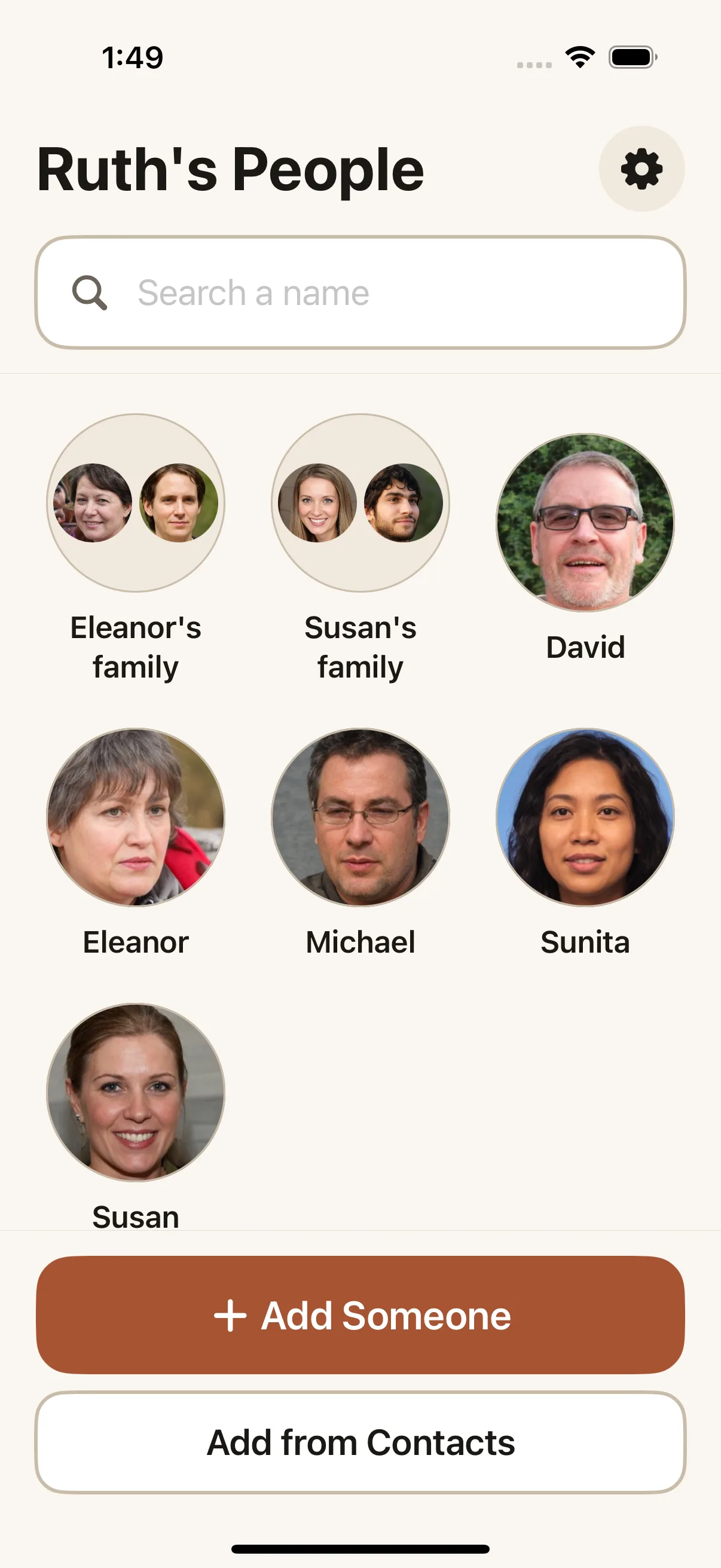 The People screen in Our People: two family-group circles, "Eleanor's family" and "Susan's family," each showing a cluster of member photos, followed by the ungrouped faces of David, Eleanor, Michael, Sunita, and Susan.