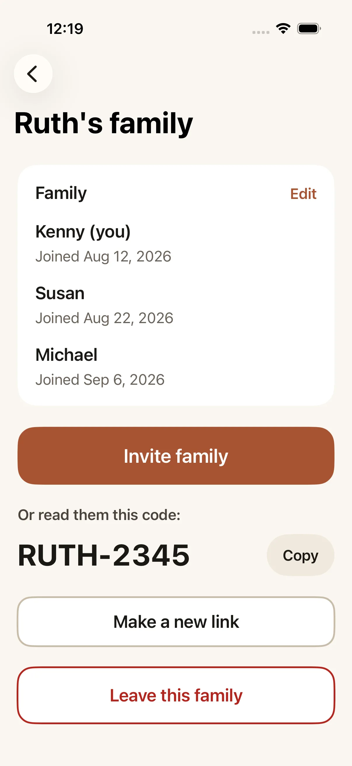 The Family screen with members, an invite button and a code
