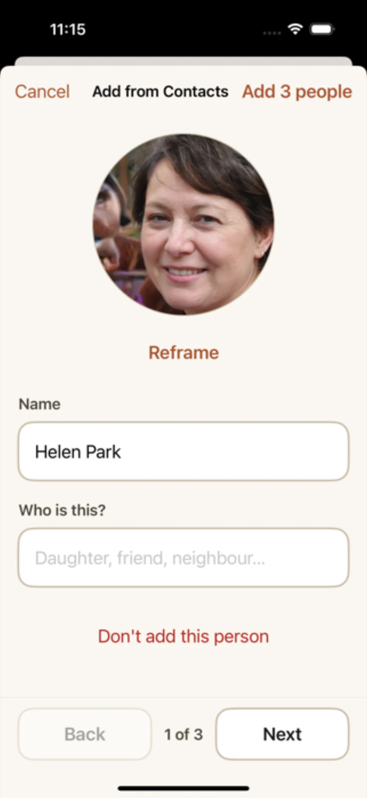 An Add from Contacts card in Our People: Helen Park's photo with Reframe, Change photo and Take Photo links beneath it, filled-in Name field reading "Helen Park," an empty "Who is this?" field, and Back / "1 of 3" / Next at the bottom.
