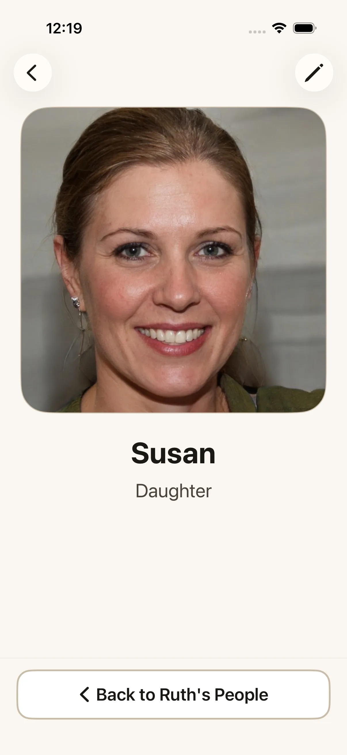 The person screen: a large photo of Susan with her name and Daughter beneath