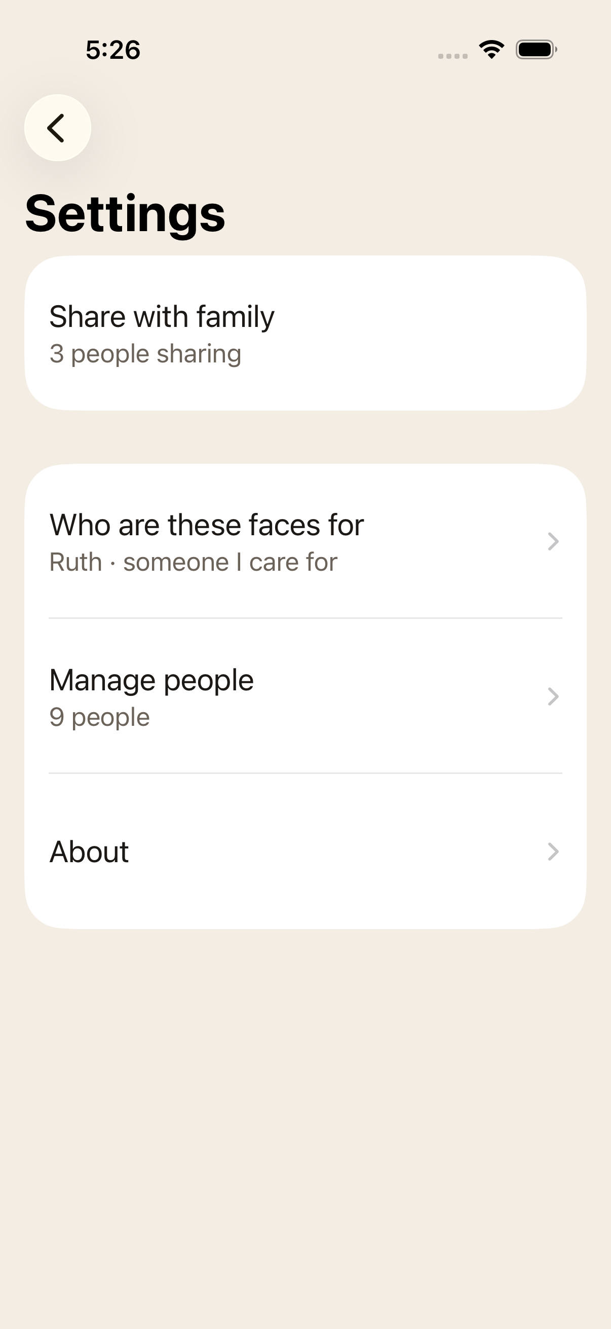The Settings screen in Our People, showing the Share with family option.