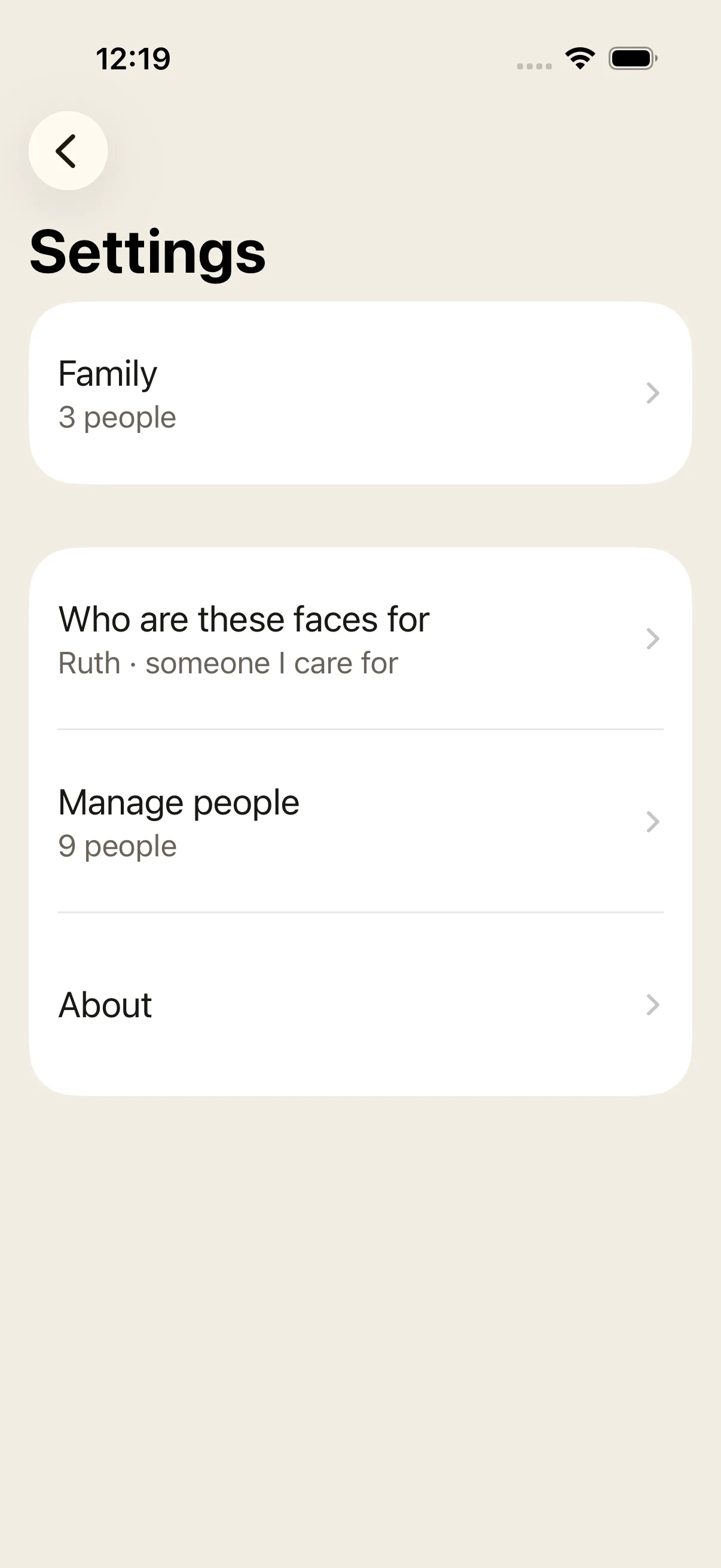 The Settings screen in Our People, showing the Family row with a "3 people" subtitle.